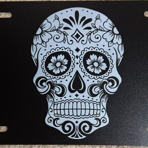Black and Gray Sugar Skull License Plate